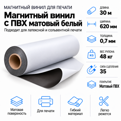 Магнитный винил с ПВХ глянц.бел.,30м*620*0,7мм, PVC-BR, AIC  в Уфе